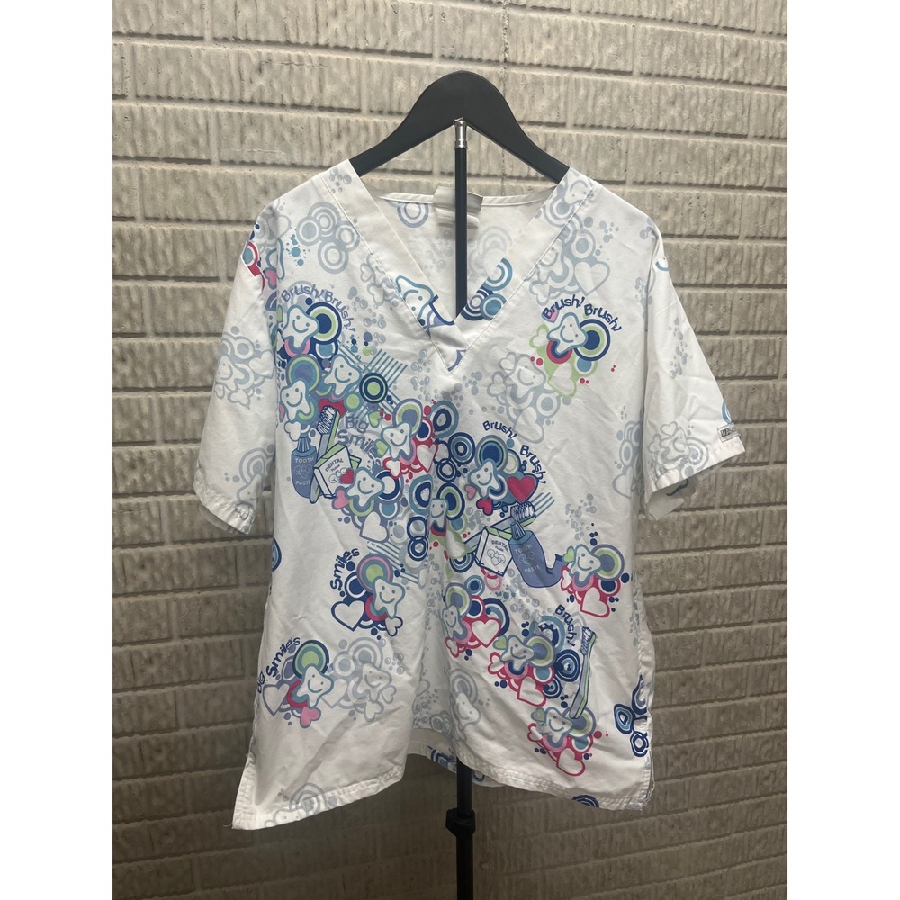 Cherokee Dental Scrub Top Large White V-Neck Brush Brush Tooth Print Medical